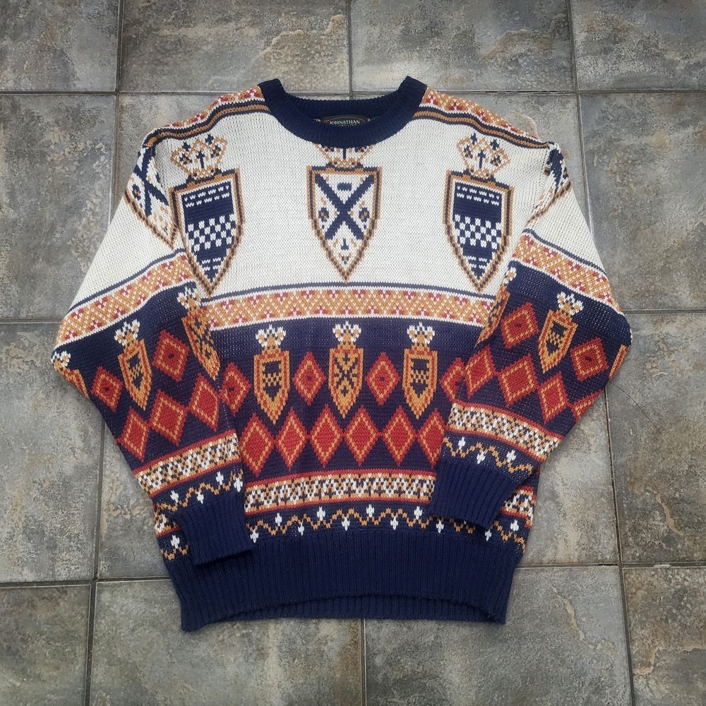 Vintage 90s Johnathan Stewart Men's Medium Geometric Abstract Grandpa Sweater